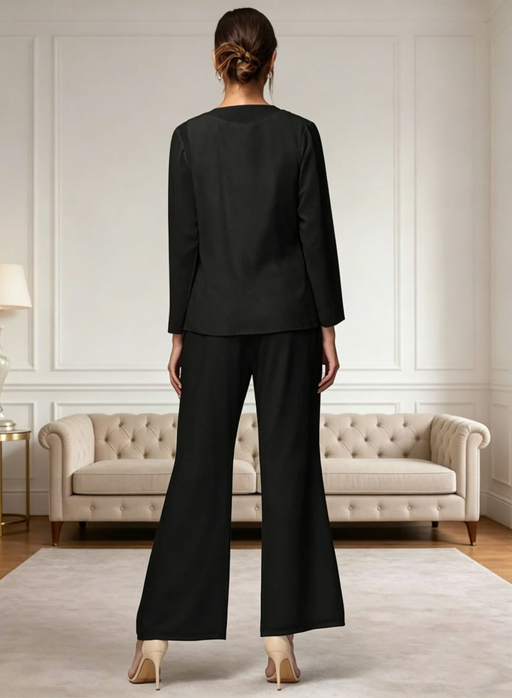 Ensemble pantalon pour mère de la mariée, 3 pièces, manches longues, en chiffon et dentelle