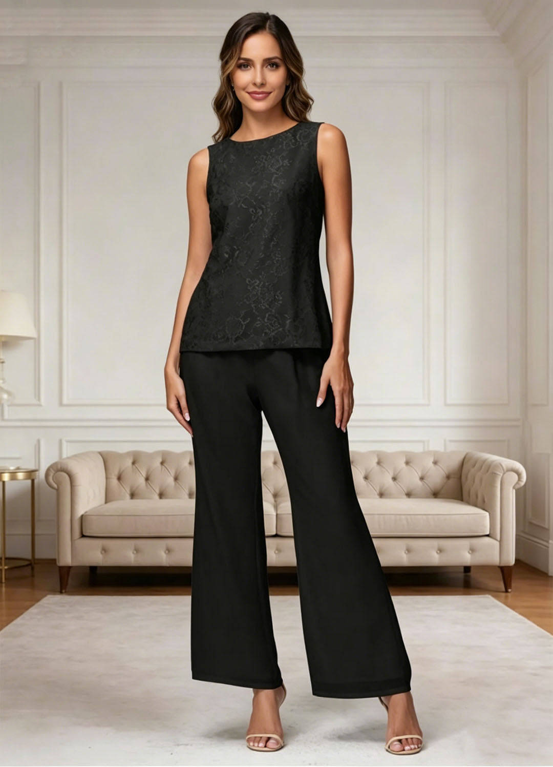 Ensemble pantalon pour mère de la mariée, 3 pièces, manches longues, en chiffon et dentelle