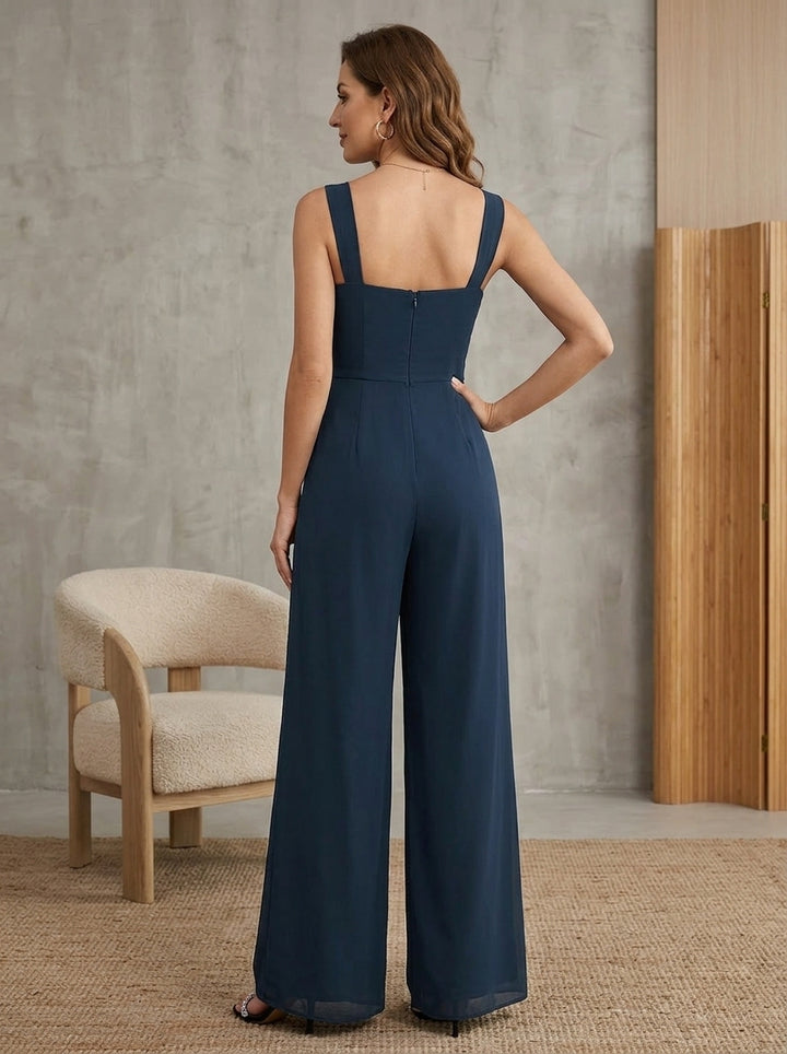 Robes de Mère de la Mariée,Combinaison en mousseline bleu marine à col carré