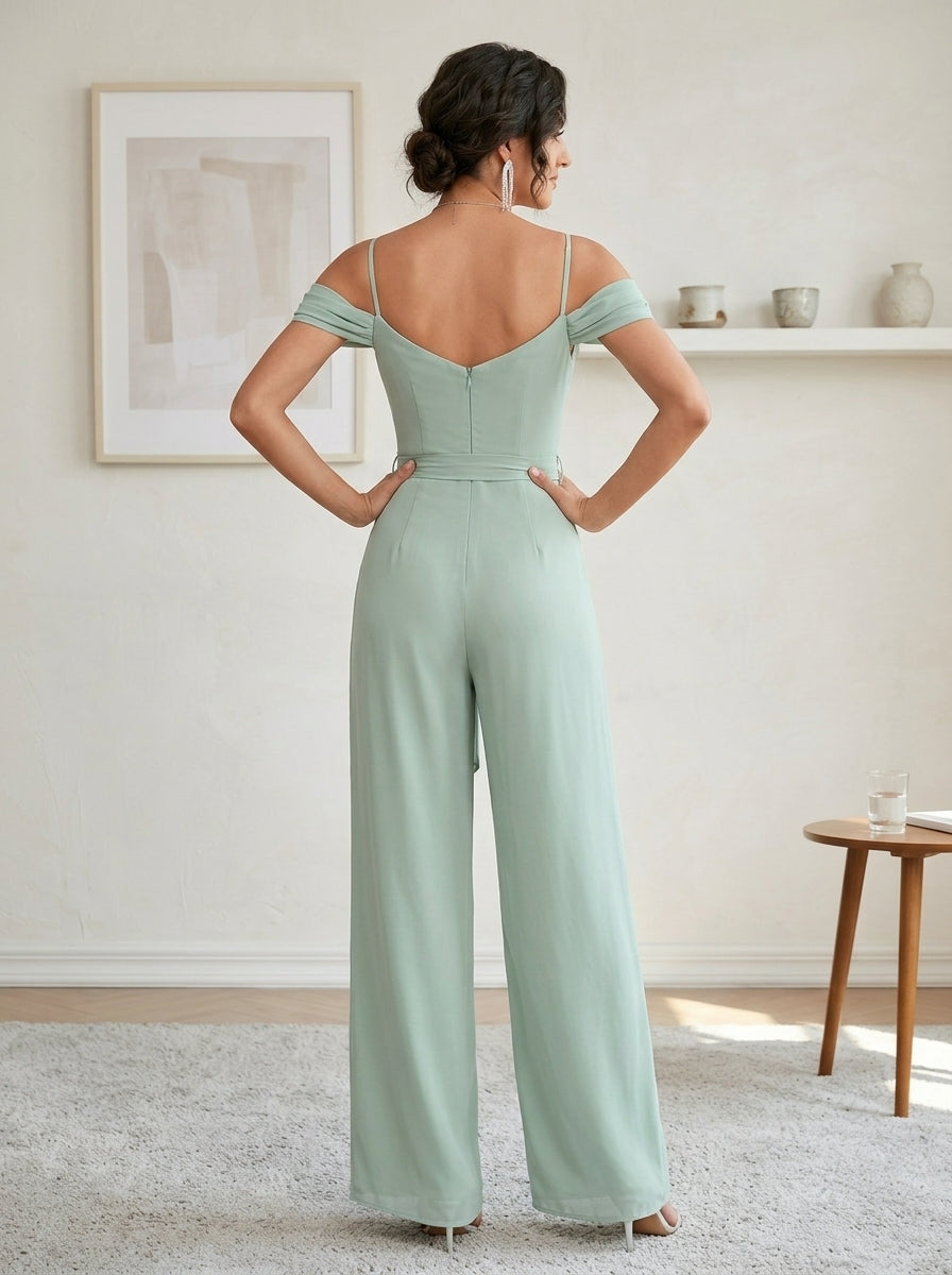 Robes de Mère de la Mariée,Combinaison en mousseline vert agave à col cowl et volants