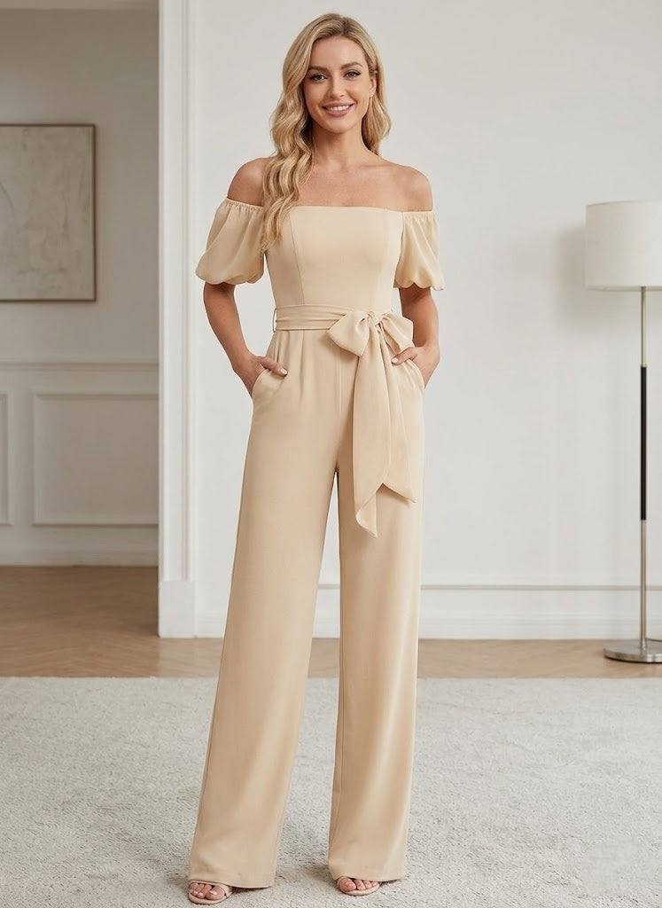 Robes de Mère de la Mariée,Combinaison longue en mousseline champagne à col carré