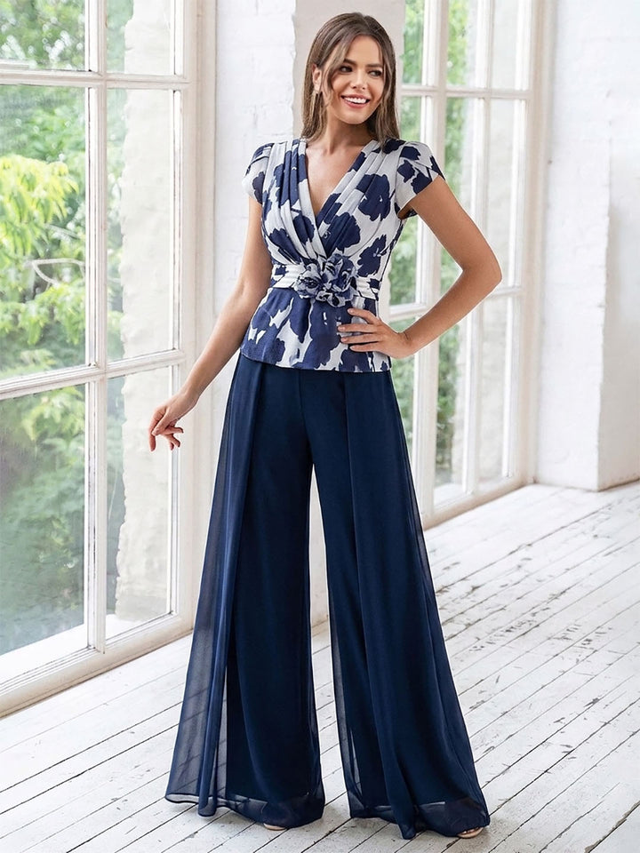 Ensemble Pantalon de Mère de la Mariée à Fleurs, Coupe A-Line/Princesse, Col en V, Manches Courtes, Longueur Au Sol, Motif Floral