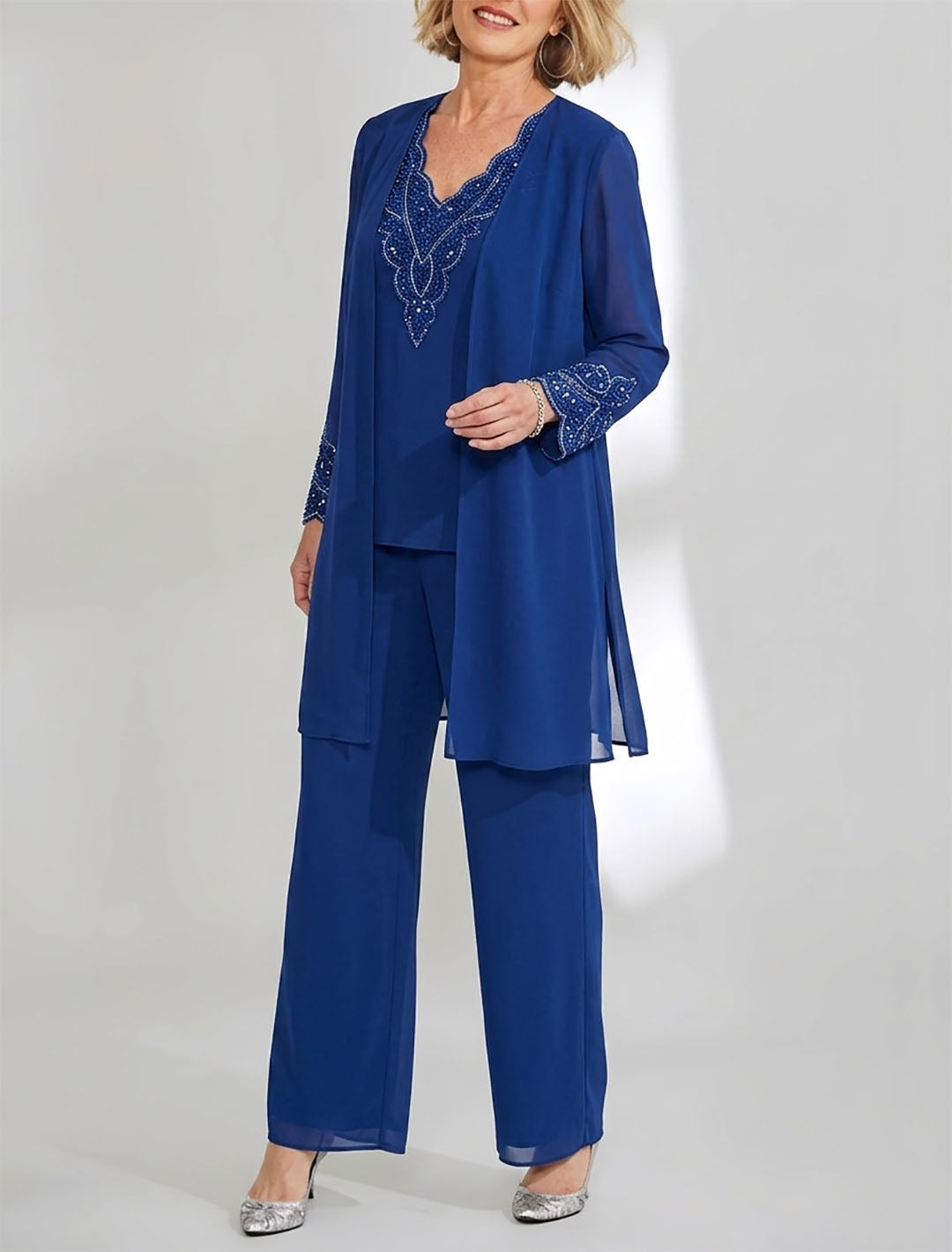 Tailleur-Pantalon en Mousseline de Soie Longueur Cheville pour Mère de la Mariée avec Veste