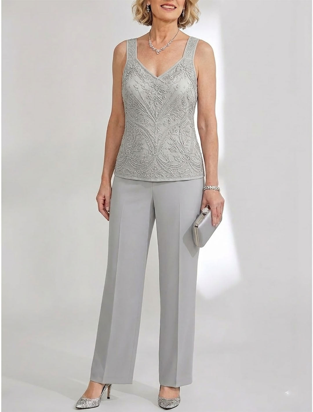 Tailleur-Pantalon en Mousseline de Soie Longueur Cheville pour Mère de la Mariée avec Veste