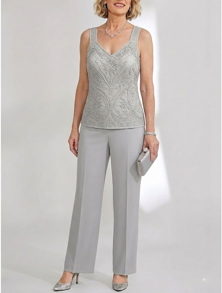 Tailleur-Pantalon en Mousseline de Soie Longueur Cheville pour Mère de la Mariée avec Veste
