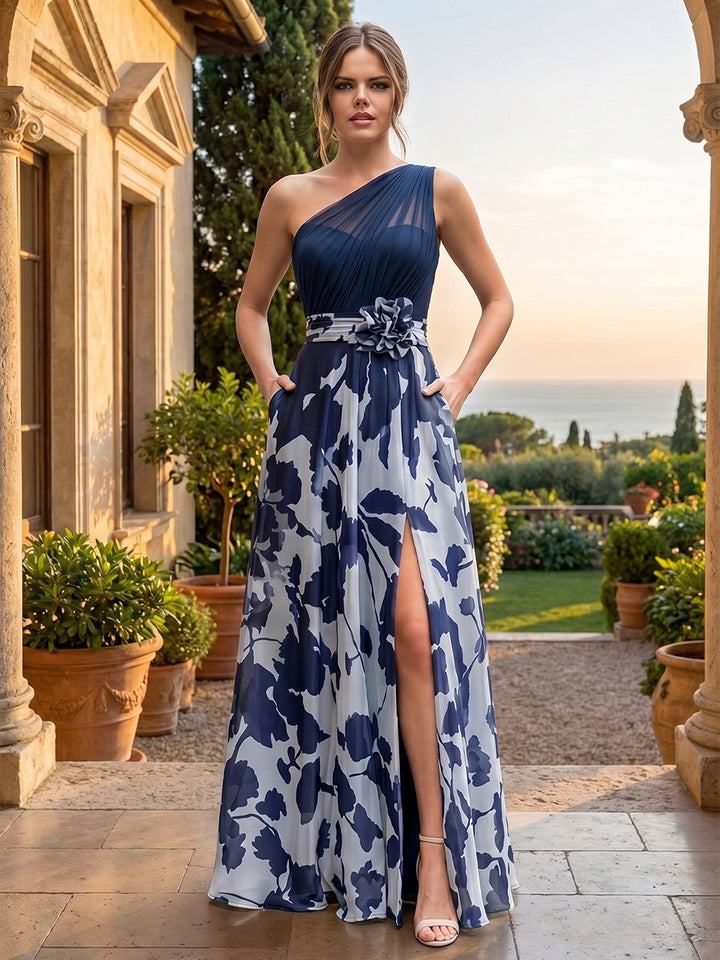 Robe Mère de la Mariée, Ligne A/Princesse, Mousseline, Une Épaule Nue, Sans Manches, Longueur au Sol, Florale, avec Fente Latérale