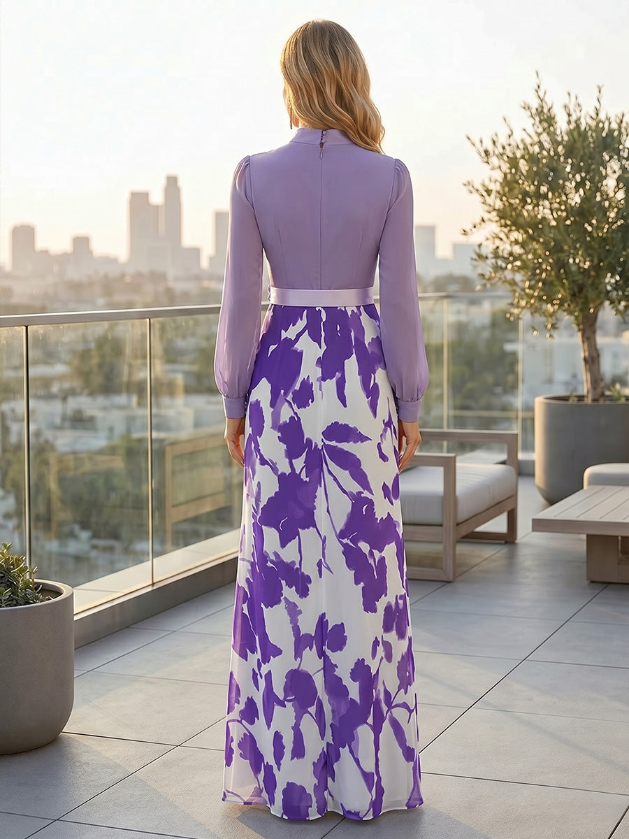 Robe Mère de la Mariée, Gaine/Colonne, Mousseline, Col Montant, Manches Longues, Longueur au Sol, Florale, avec Fente Latérale