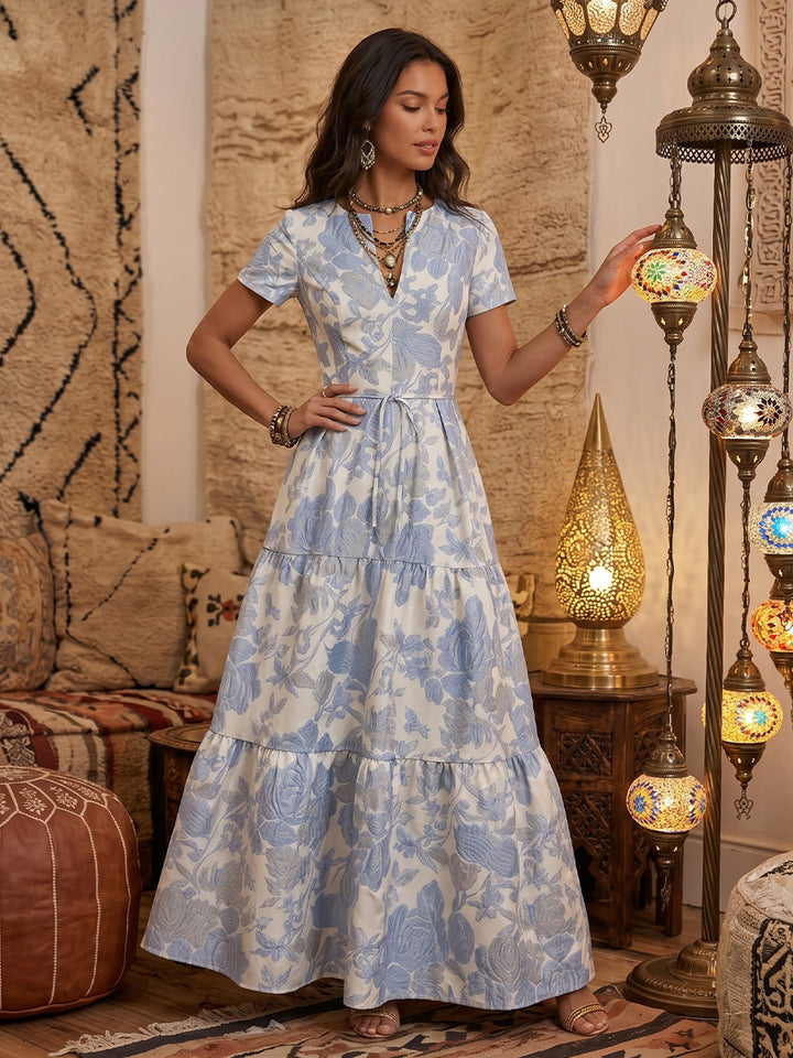 Robe Mère de la Mariée, Ligne A/Princesse, Jacquard, Col en V, Manches Courtes, Longueur de la Cheville, Florale
