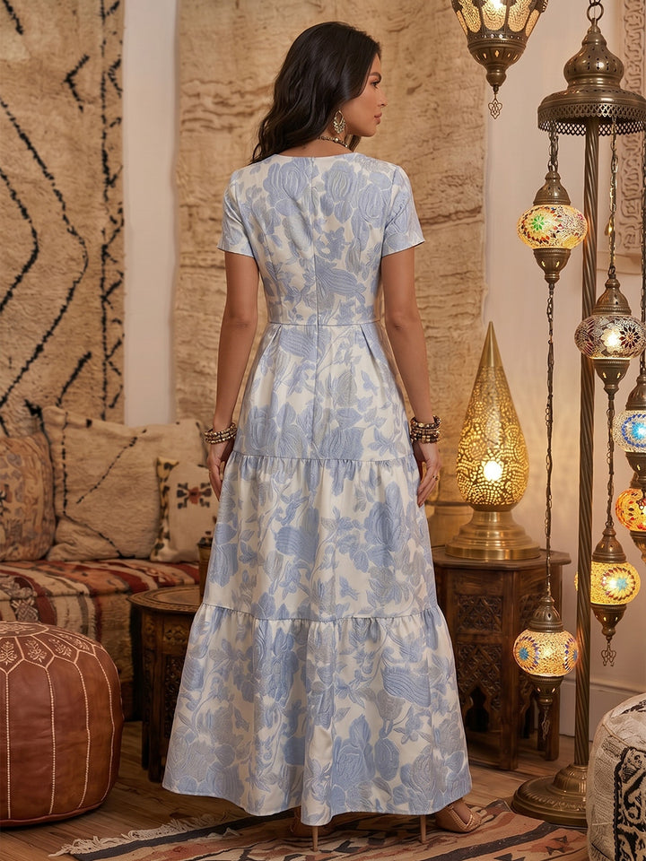 Robe Mère de la Mariée, Ligne A/Princesse, Jacquard, Col en V, Manches Courtes, Longueur de la Cheville, Florale