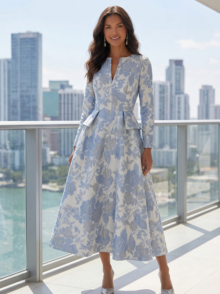 Robe Mère de la Mariée, Ligne A/Princesse, Jacquard, Col en V, Manches Longues, Longueur du Thé, Florale