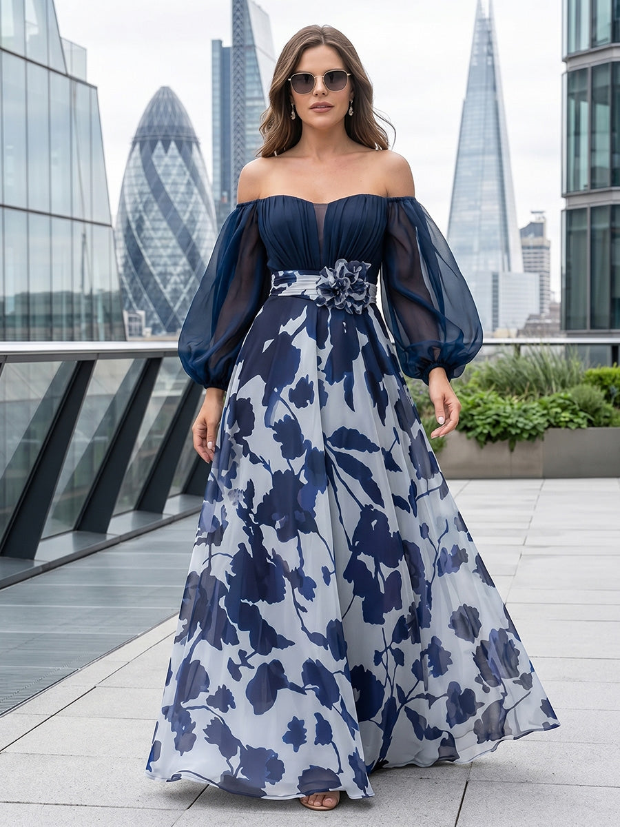 Robe Mère de la Mariée, Ligne A/Princesse, Mousseline, Hors de l'épaule, Manches Longues, Longueur au Sol, Florale