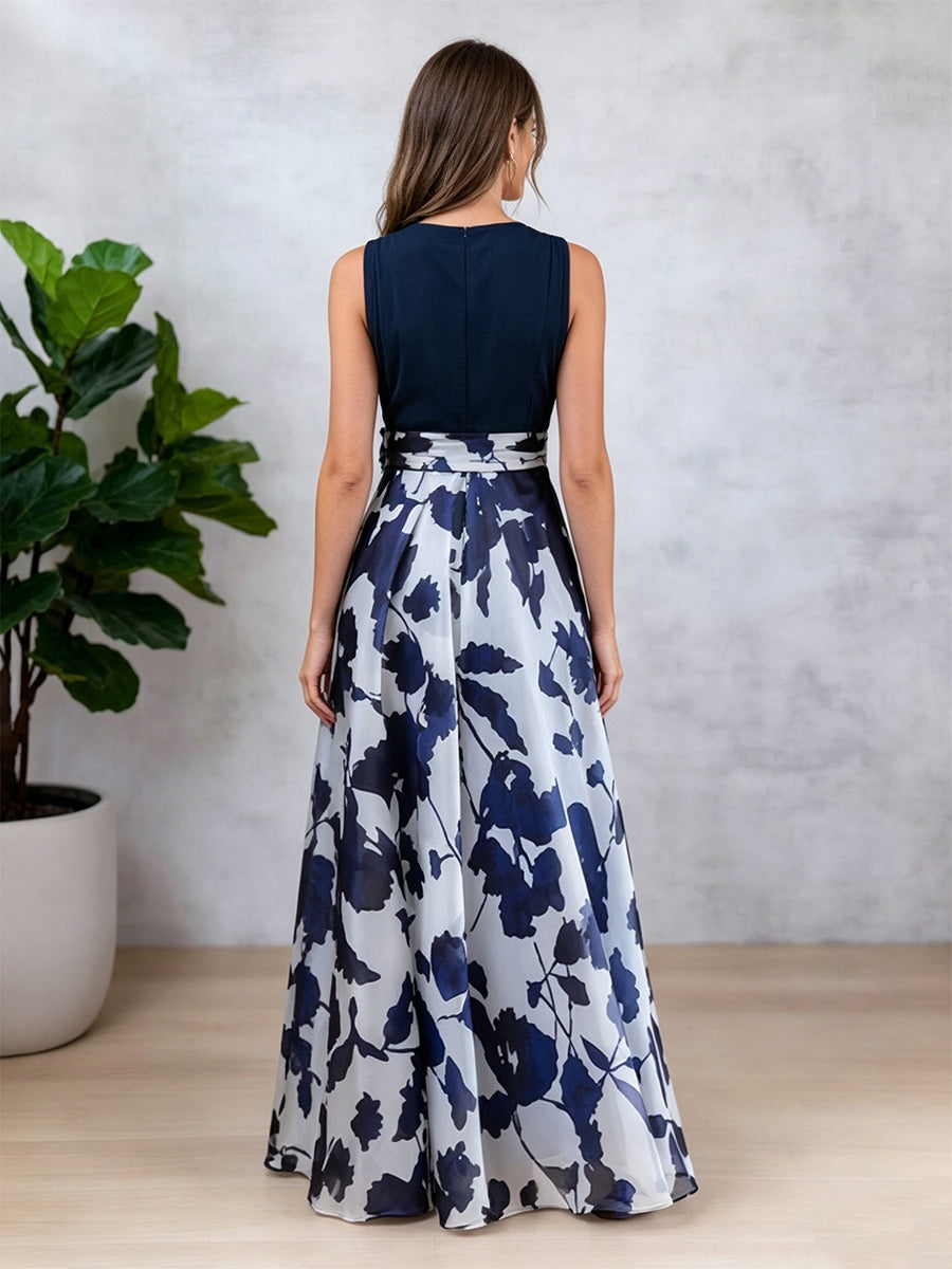 Robe Mère de la Mariée, Ligne A/Princesse, Mousseline, Col en V, Sans Manches, Longueur au Sol, Florale