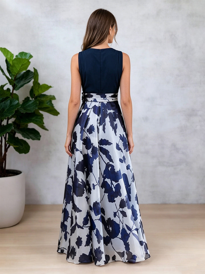 Robe Mère de la Mariée, Ligne A/Princesse, Mousseline, Col en V, Sans Manches, Longueur au Sol, Florale