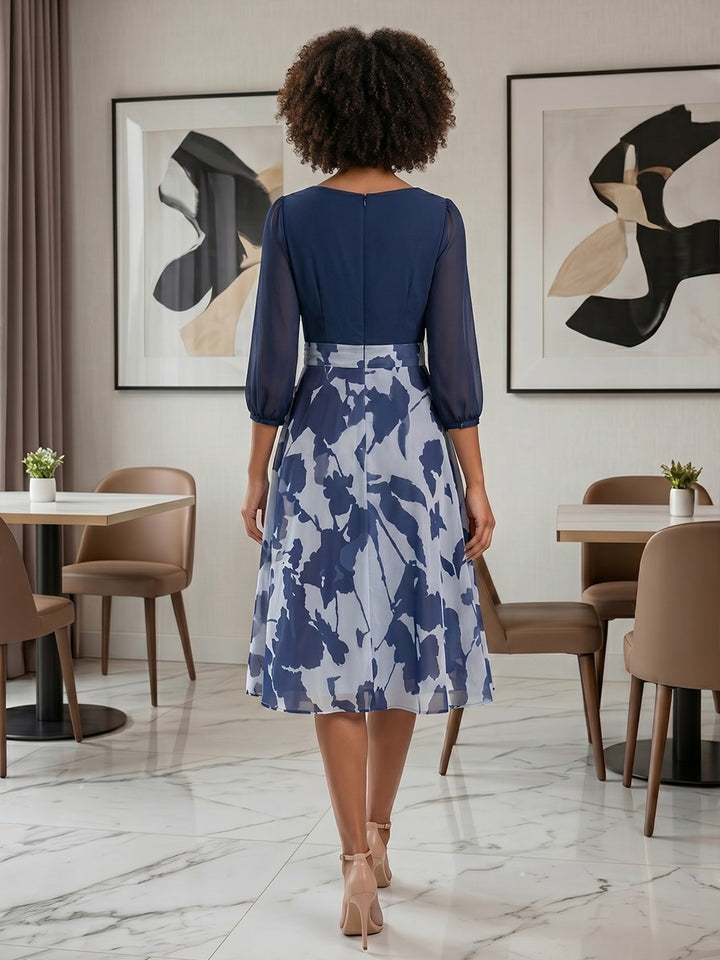 Robe Mère de la Mariée, Ligne A/Princesse, Mousseline, Col en V, Manches 3/4, Longueur du Thé, Florale