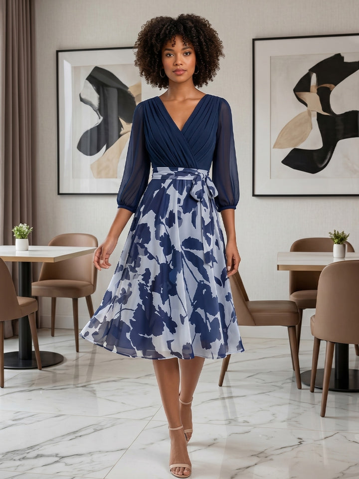 Robe Mère de la Mariée, Ligne A/Princesse, Mousseline, Col en V, Manches 3/4, Longueur du Thé, Florale