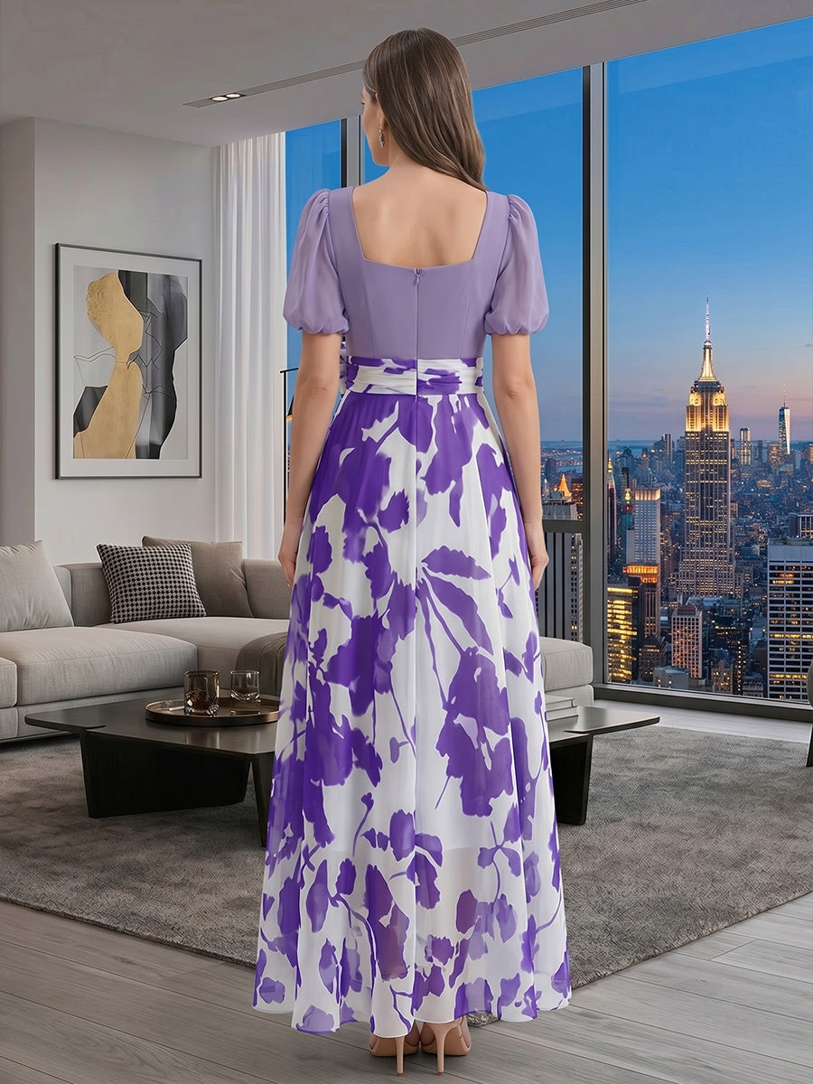 Robe Mère de la Mariée, Ligne A/Princesse, Mousseline, Une Épaule Nue, Sans Manches, Longueur Asymétrique, Florale