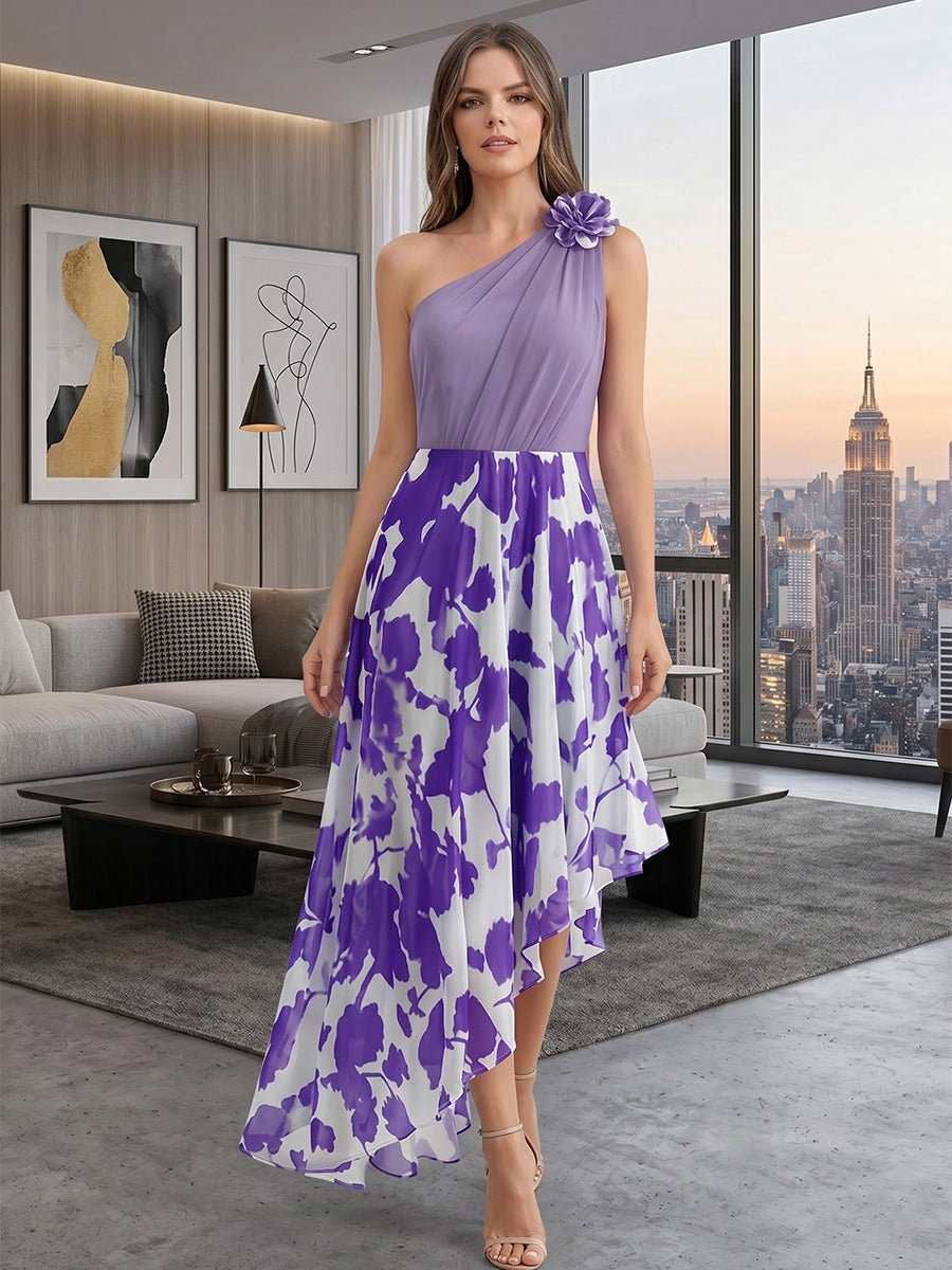 Robe Mère de la Mariée, Ligne A/Princesse, Mousseline, Une Épaule Nue, Sans Manches, Longueur Asymétrique, Florale