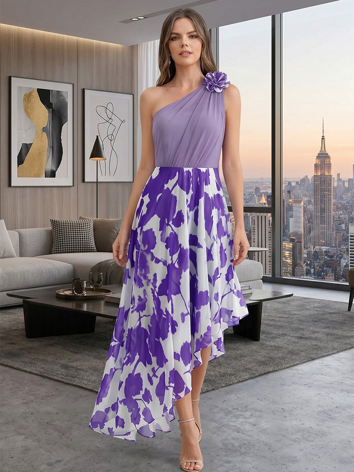 Robe Mère de la Mariée, Ligne A/Princesse, Mousseline, Une Épaule Nue, Sans Manches, Longueur Asymétrique, Florale