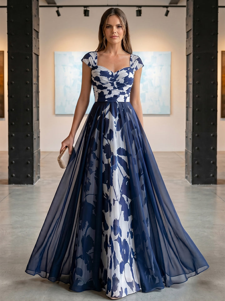 Robe Mère de la Mariée Ligne A/Princesse en Mousseline à Col Carré Manches Courtes Longueur au Sol Florale