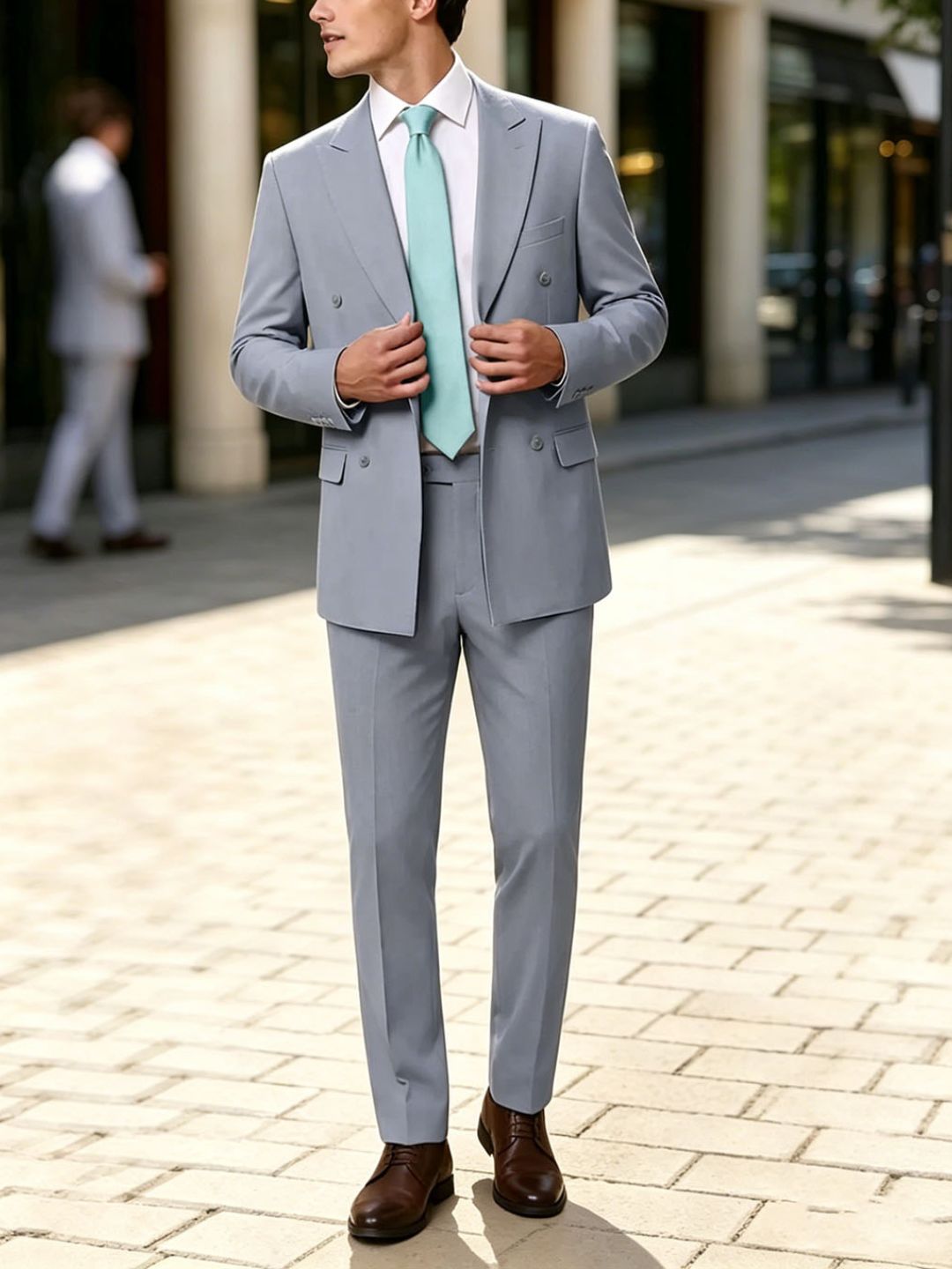 Veste homme de costume, 2 pièces, bleu clair, croisé en laine mélangée 