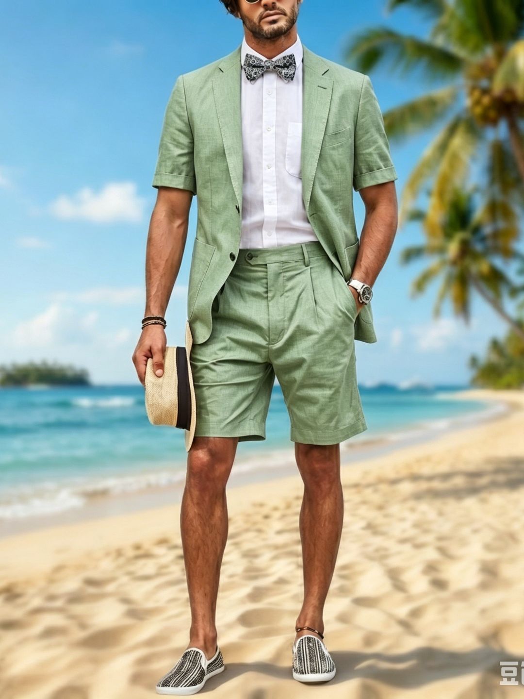 Ensemble deux pièces composé d'un short et d'une manche courte en lin couleur sauge