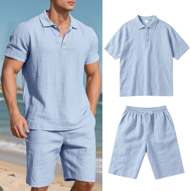 Chemise décontractée pour homme, manches courtes, short, unie, en Lin