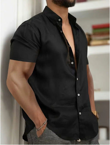 Chemise décontractée pour homme, manches courtes, unie, en coton