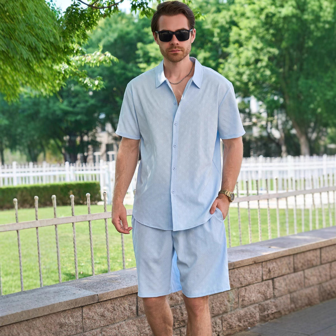 Chemise décontractée pour homme, manches courtes, short, unie, en polyester