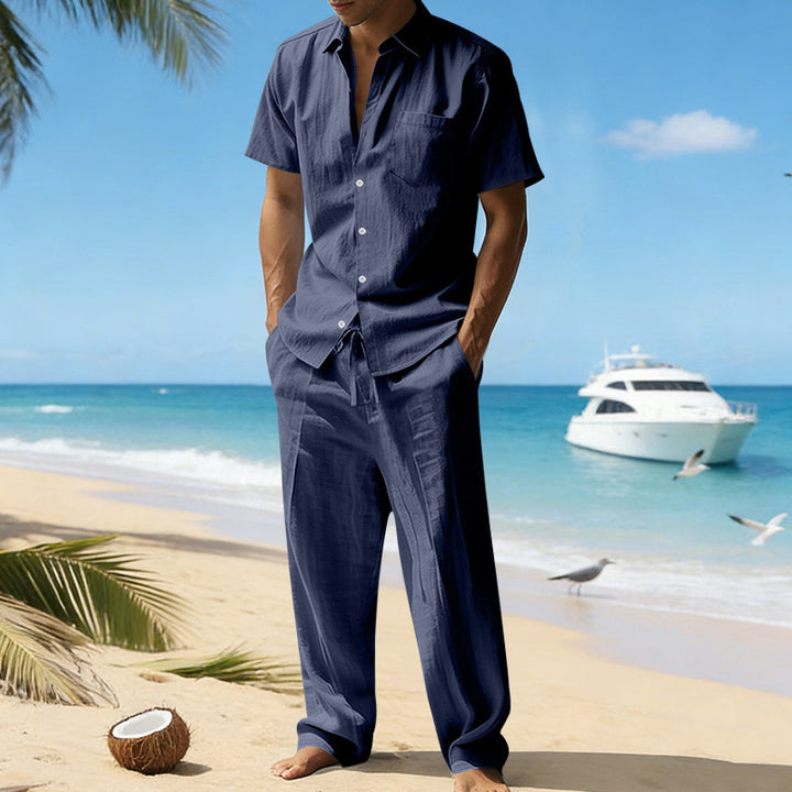 Chemise décontractée pour homme, manches courtes, Pantalon, unie, en lin