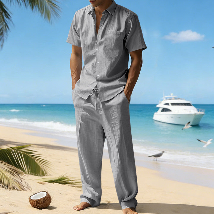Chemise décontractée pour homme, manches courtes, Pantalon, unie, en lin