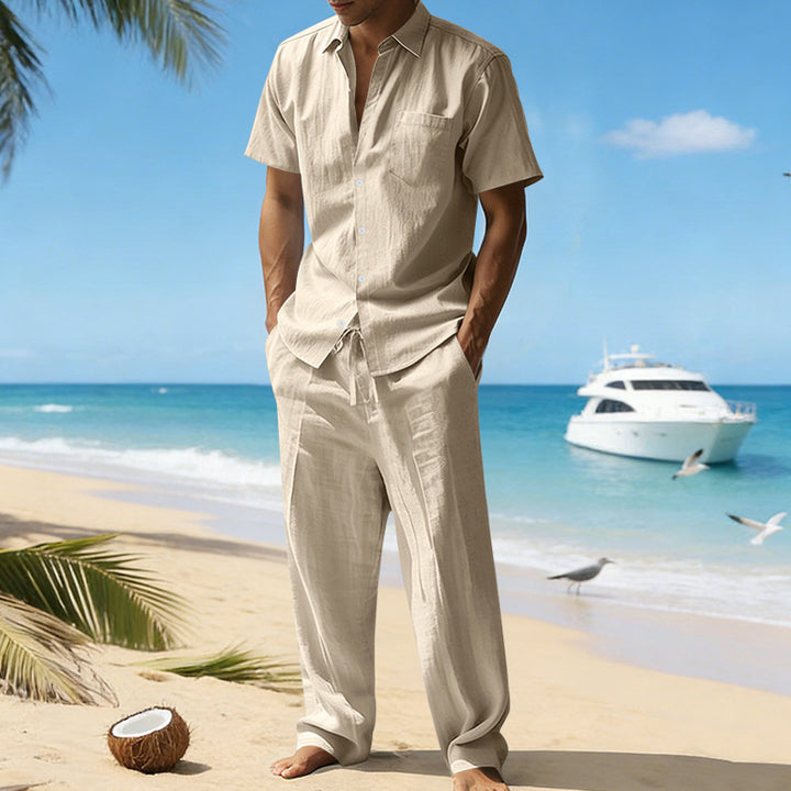 Chemise décontractée pour homme, manches courtes, Pantalon, unie, en lin