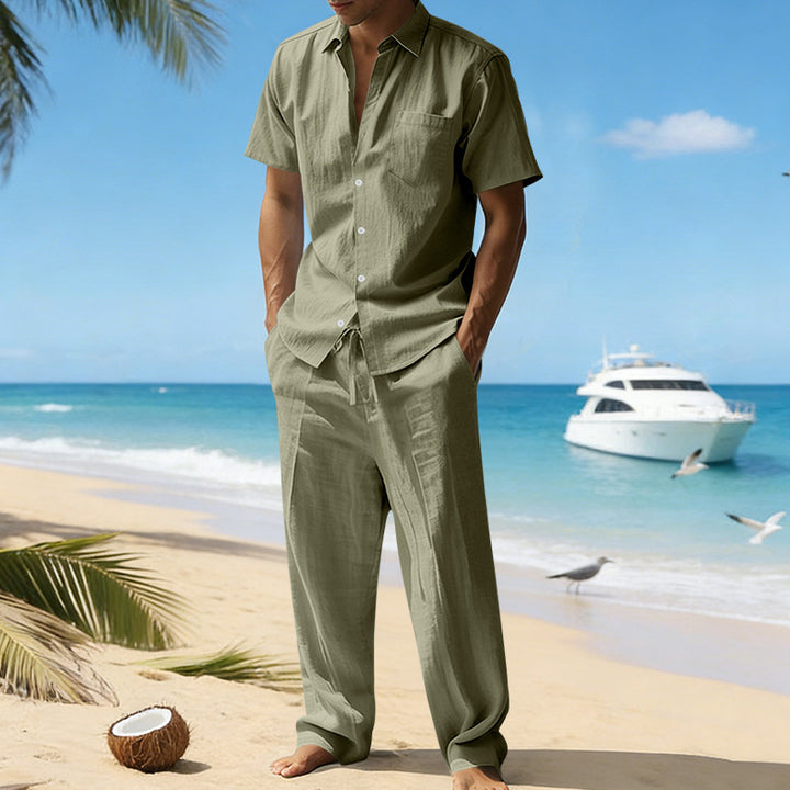 Chemise décontractée pour homme, manches courtes, Pantalon, unie, en lin