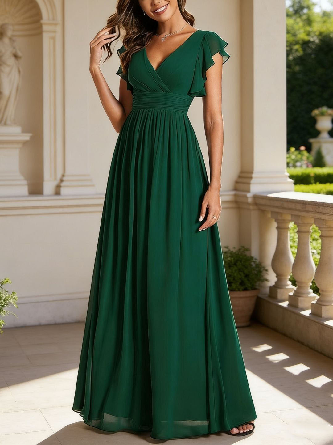 Robe de demoiselle d'honneur en mousseline de soie avec manches à volants et découpes au dos