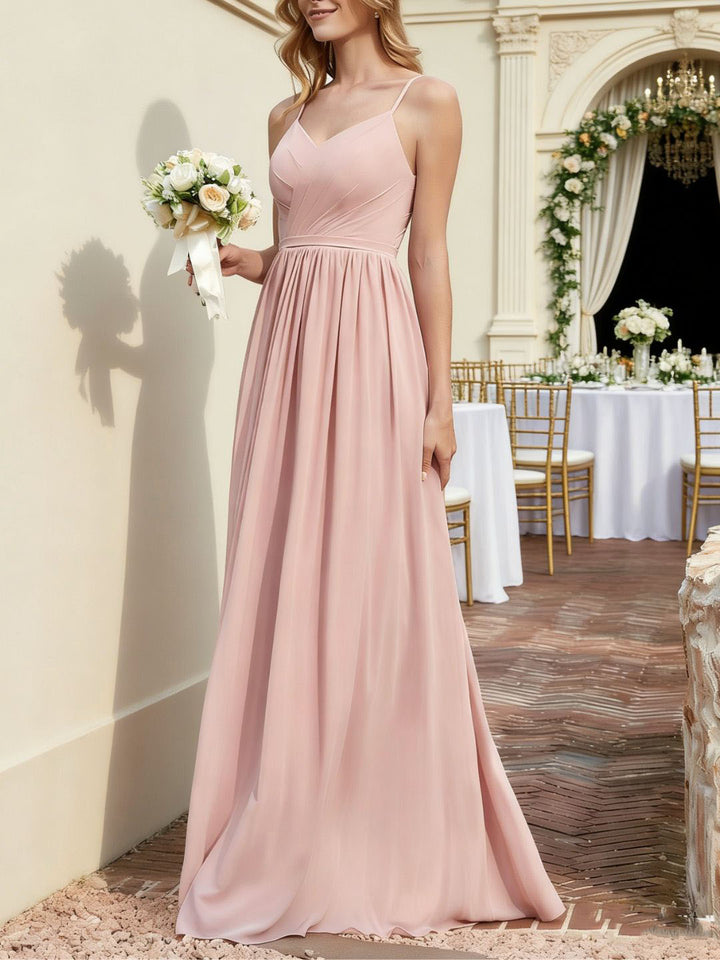 Robe en Mousseline à Bretelles Spaghetti et Col en V avec Fente Rose Poudré