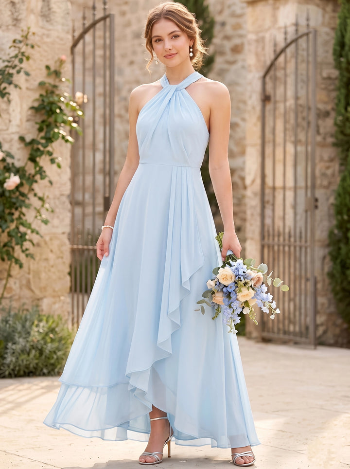 Robe de Demoiselle d'Honneur, Col Halter, Sans Manches, Ligne A/Princesse, à Volants, en Mousseline, Longueur de la Cheville Asymétrique
