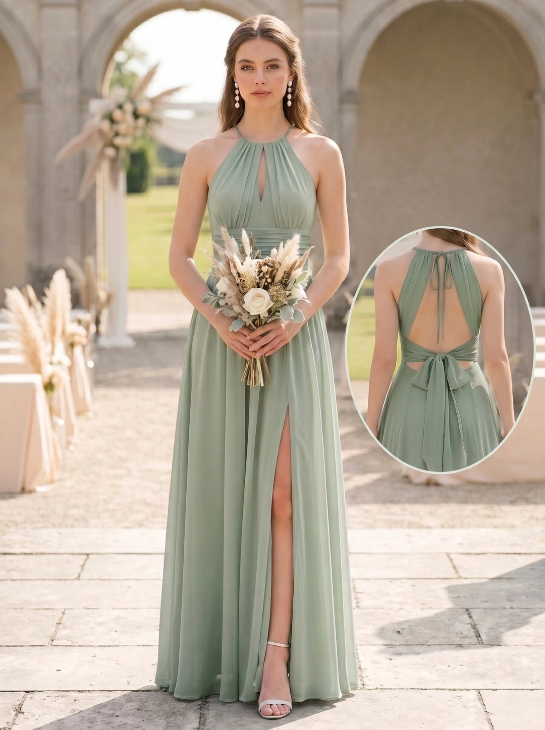 Robe de Demoiselle d'Honneur, Col Halter à Nouer, Sans Manches, Ligne A/Princesse,Froncée avec Fente Latérale, en Mousseline, Longueur au Sol