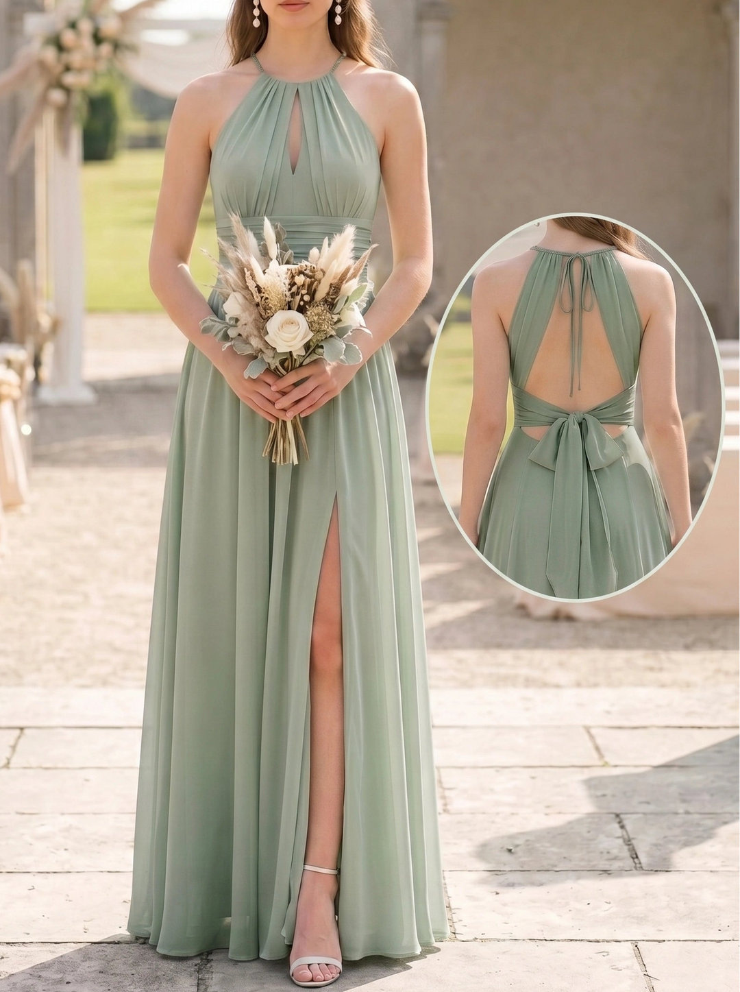 Robe de Demoiselle d'Honneur, Col Halter à Nouer, Sans Manches, Ligne A/Princesse,Froncée avec Fente Latérale, en Mousseline, Longueur au Sol