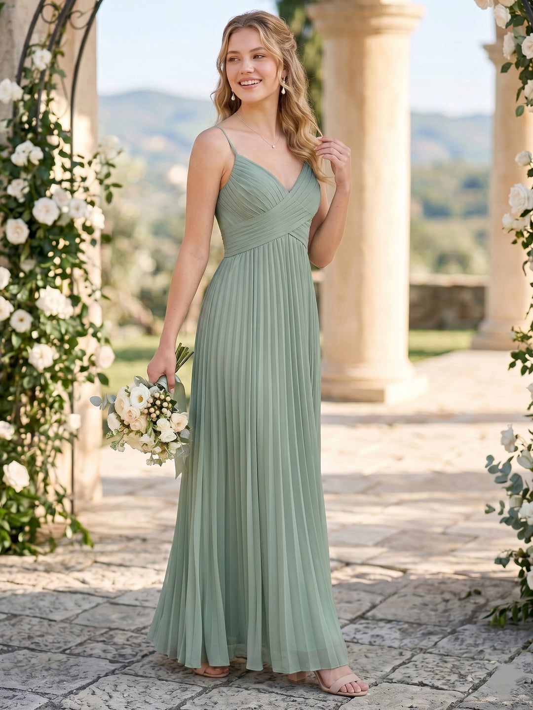 Robe de Demoiselle d'Honneur, Bretelles Fines, Sans Manches, Ligne A/Princesse, Froncée, en Mousseline, Longueur au Sol