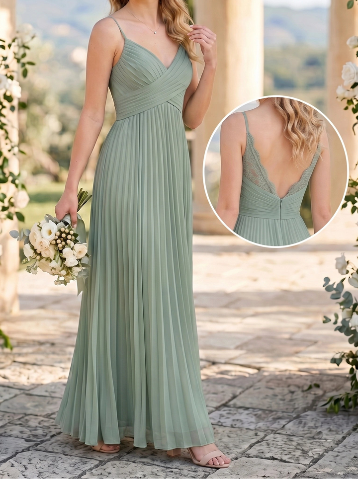 Robe de Demoiselle d'Honneur, Bretelles Fines, Sans Manches, Ligne A/Princesse, Froncée, en Mousseline, Longueur au Sol