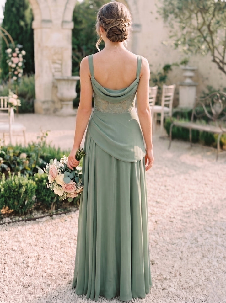 Robe de Demoiselle d'Honneur, Col Carré, Sans Manches, Ligne A/Princesse, Froncée, en Mousseline, Longueur au Sol, Col Drapé au Dos