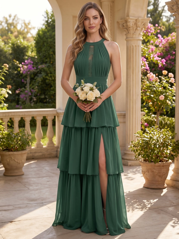 Robe de Demoiselle d'Honneur en Mousseline à Col Halter Sans Manches Ligne A/Princesse Longueur au Sol avec Fente Latérale