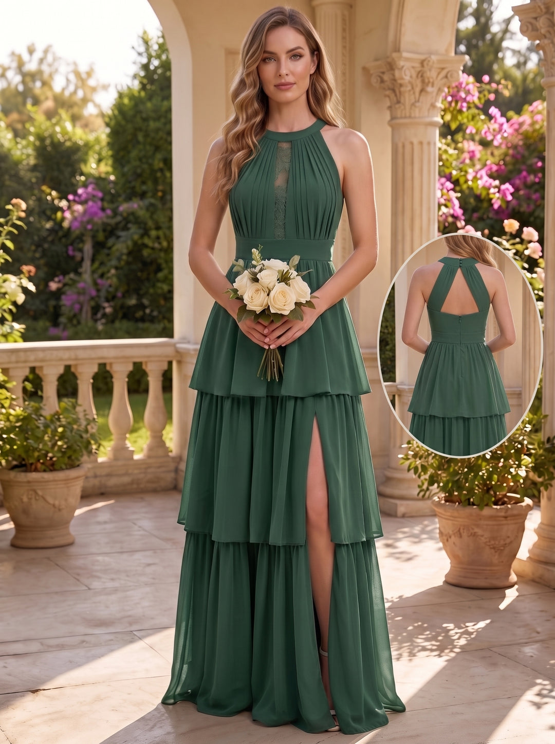 Robe de Demoiselle d'Honneur en Mousseline à Col Halter Sans Manches Ligne A/Princesse Longueur au Sol avec Fente Latérale
