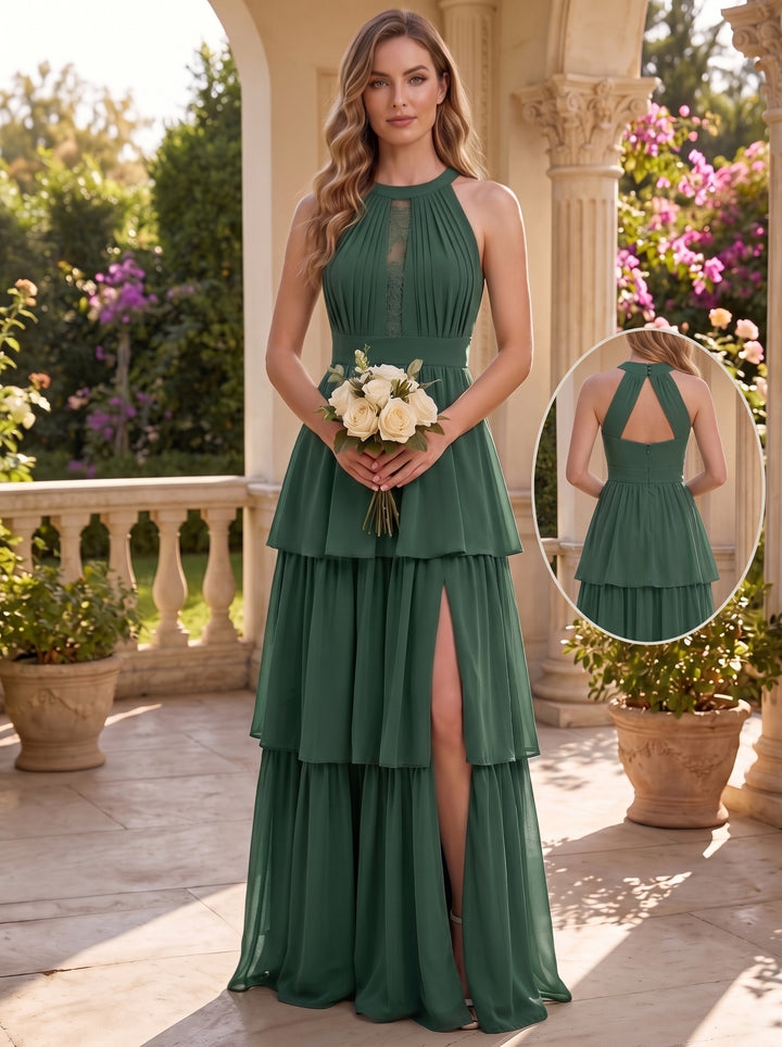 Robe de Demoiselle d'Honneur en Mousseline à Col Halter Sans Manches Ligne A/Princesse Longueur au Sol avec Fente Latérale