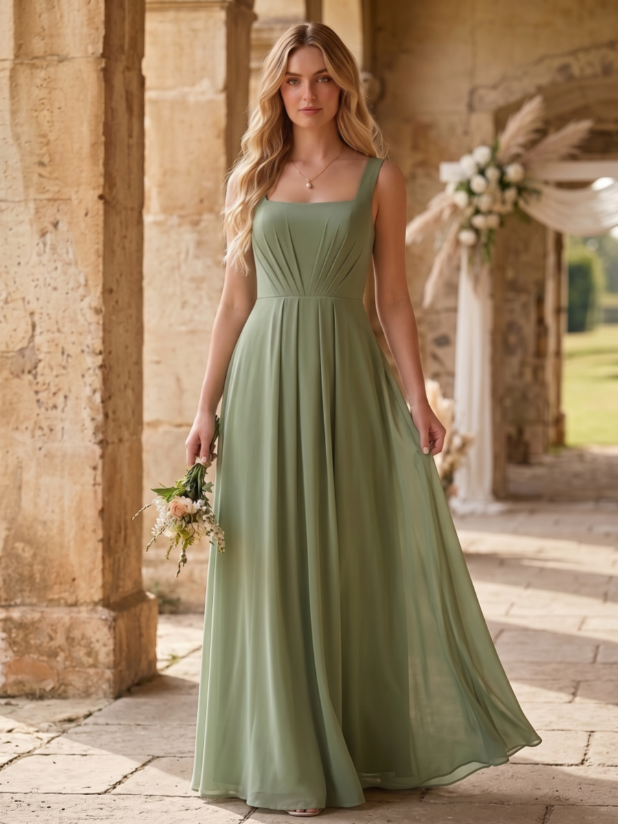 Robe de Demoiselle d'Honneur à Col Carré Sans Manches Ligne A/Princesse en Mousseline Longueur au Sol à Volants