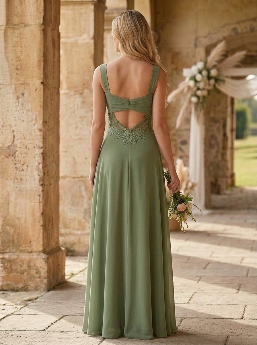 Robe de Demoiselle d'Honneur à Col Carré Sans Manches Ligne A/Princesse en Mousseline Longueur au Sol à Volants