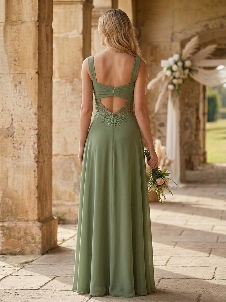 Robe de Demoiselle d'Honneur à Col Carré Sans Manches Ligne A/Princesse en Mousseline Longueur au Sol à Volants