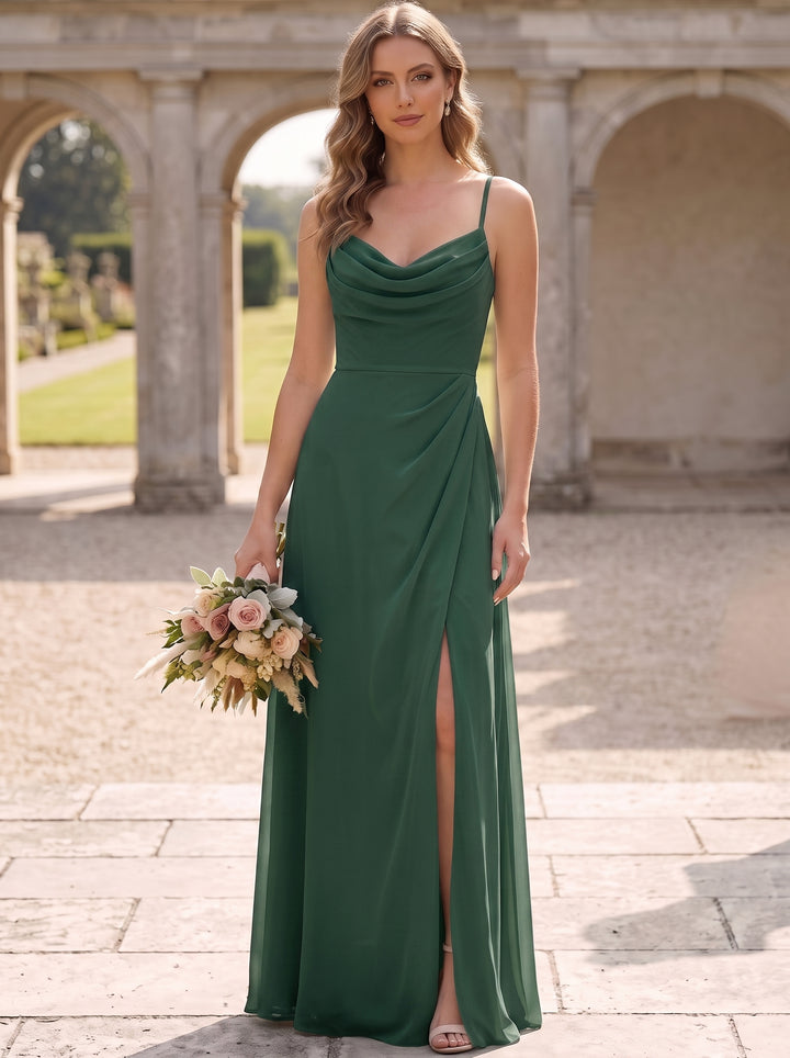 Robe de Demoiselle d'Honneur Bretelles Fines Sans Manches Ligne A/Princesse en Mousseline Longueur au Sol Froncée