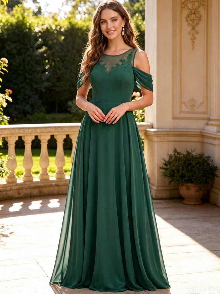 Robe de Demoiselle d'Honneur Col Rond Sans Manches Ligne A/Princesse en Mousseline Longueur au Sol à Volants Dentelle
