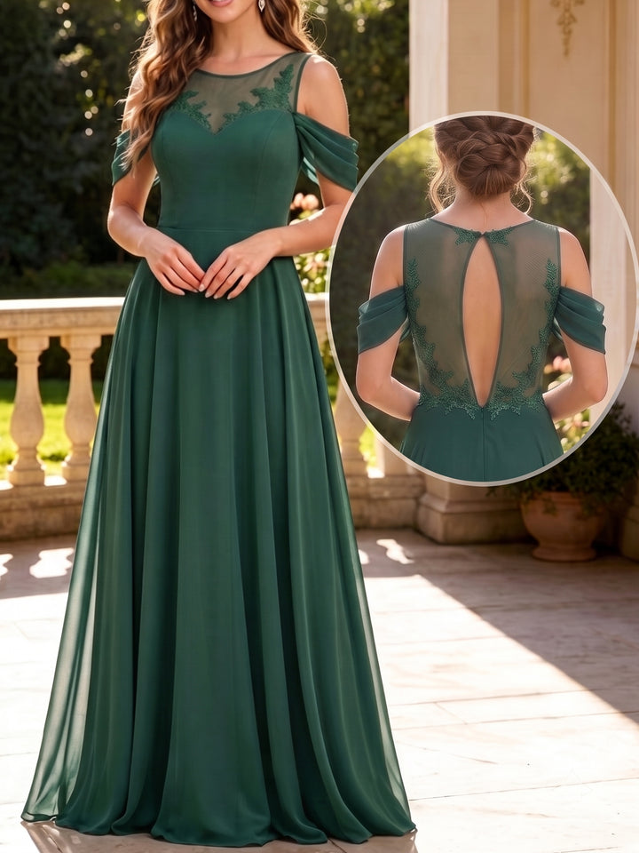 Robe de Demoiselle d'Honneur Col Rond Sans Manches Ligne A/Princesse en Mousseline Longueur au Sol à Volants Dentelle