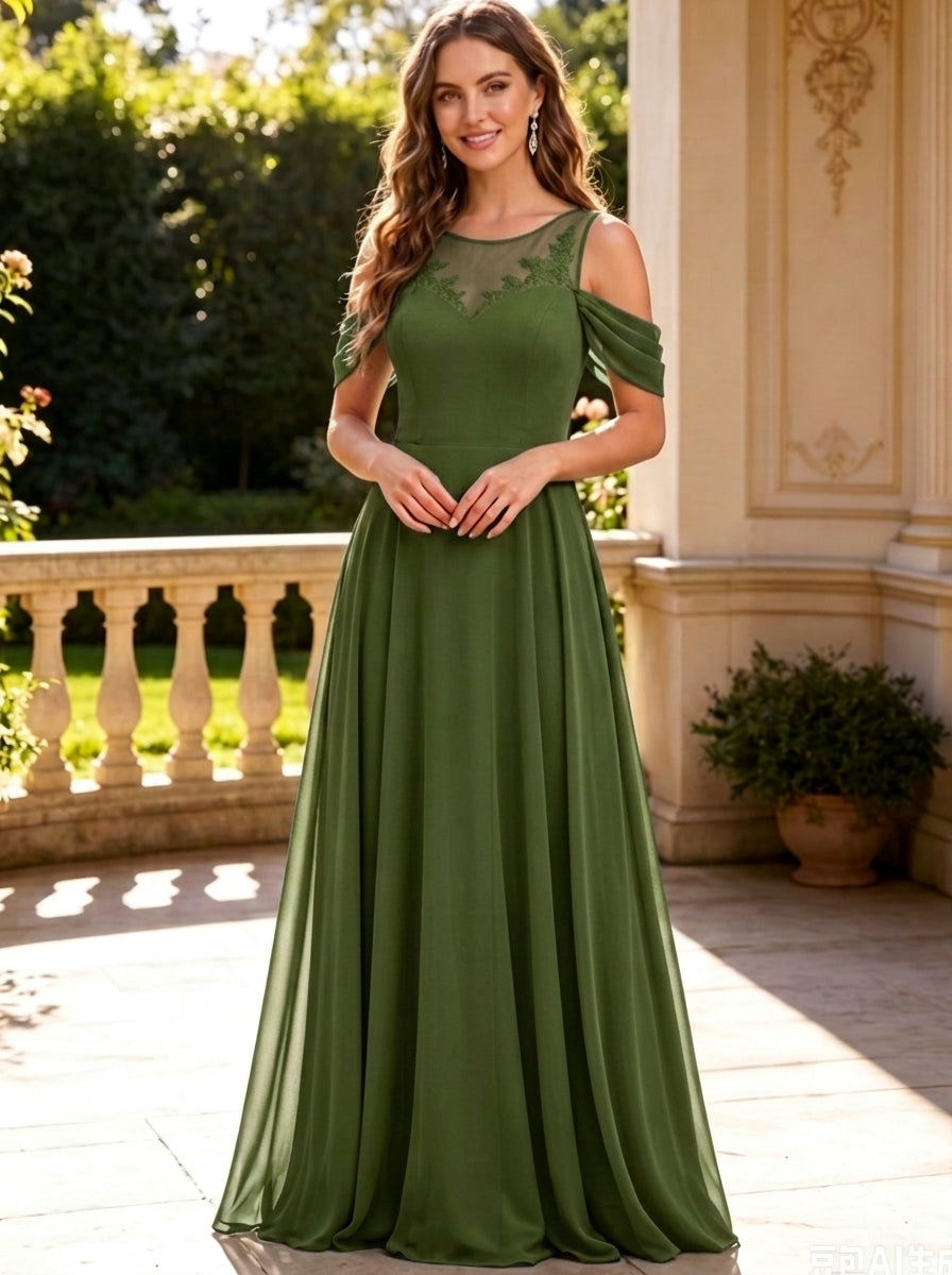 Robe de Demoiselle d'Honneur Col Rond Sans Manches Ligne A/Princesse en Mousseline Longueur au Sol à Volants Dentelle
